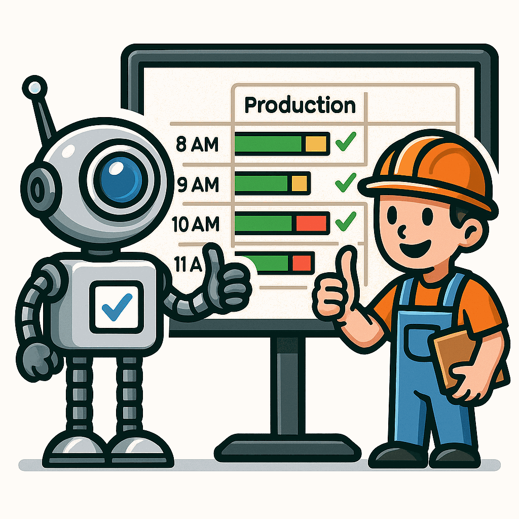 Robot and operator reviewing the hourly production board