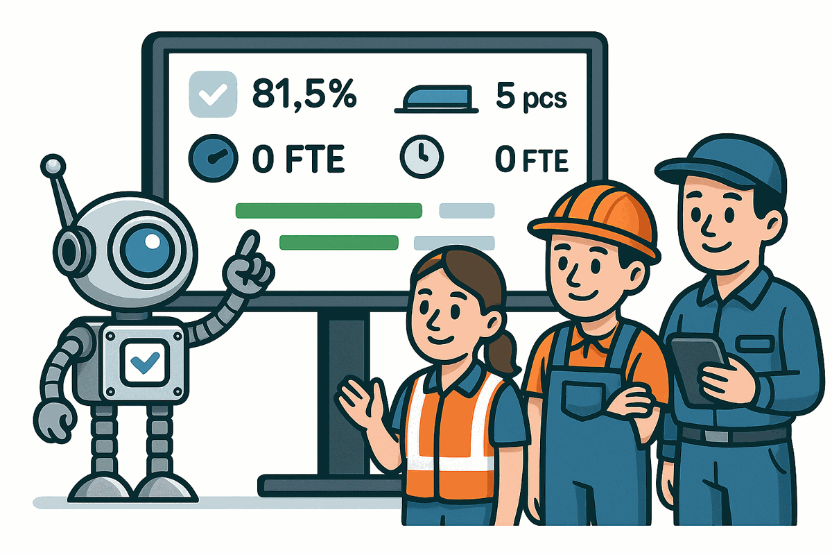 Team reading efficiency and FTE figures off a Gemba Buddy board