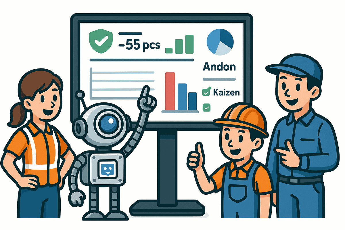 Team reading output, Andon and Kaizen off one shared board