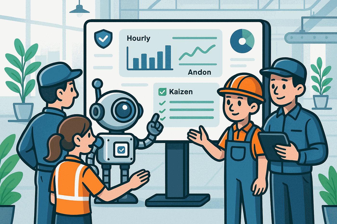 Shopfloor team discussing hourly output, Andon and Kaizen at a shared board